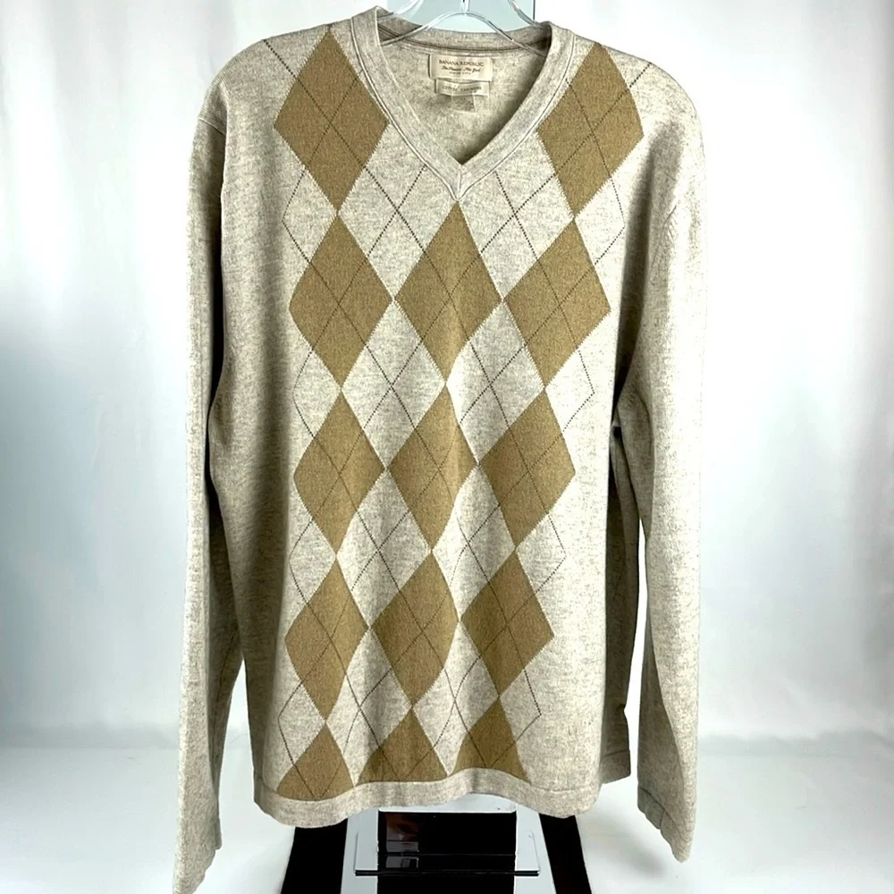 Banana Republic Cotton Cashmere Argyle Sweater XL Tan Heathered Cream/Gray Brown